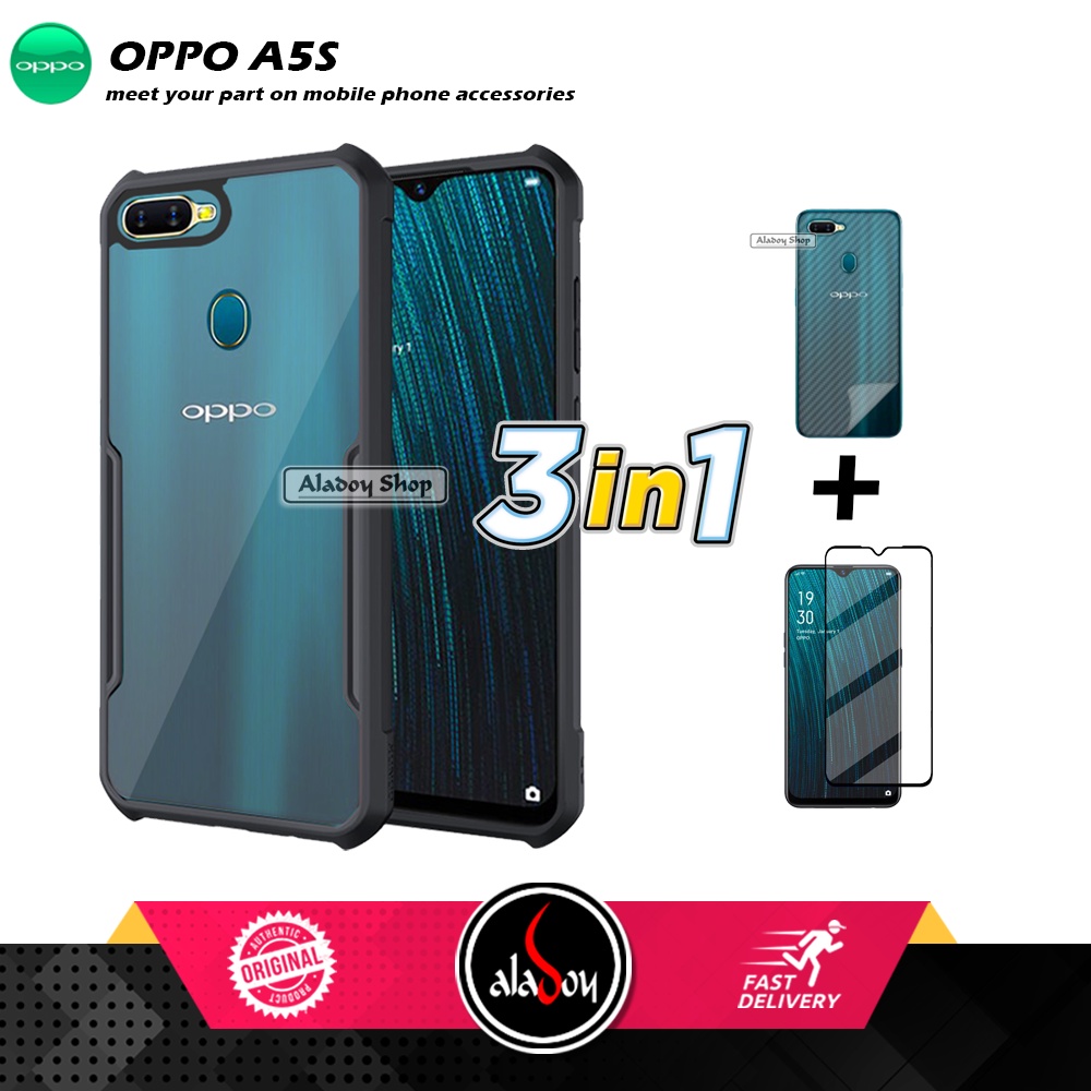 Case Oppo A5S Armor Fushion Transparent Casing + Tempered Glass Full Layar dan Skin Carbon