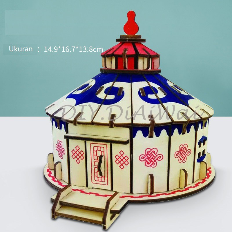 Puzzle 3D DIY bahan kayu model MONGOLIA / Rumah minimalis mainan puzzle edukasi anak (kado &amp;pajangan