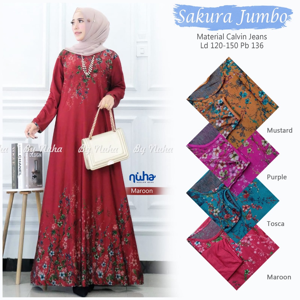 DRESS WANITA JUMBO LD 120-150CM // GAMIS SAKURA SUPER JUMBO // BAHAN CALVIN JEANS TEBAL, BUSANA WANI