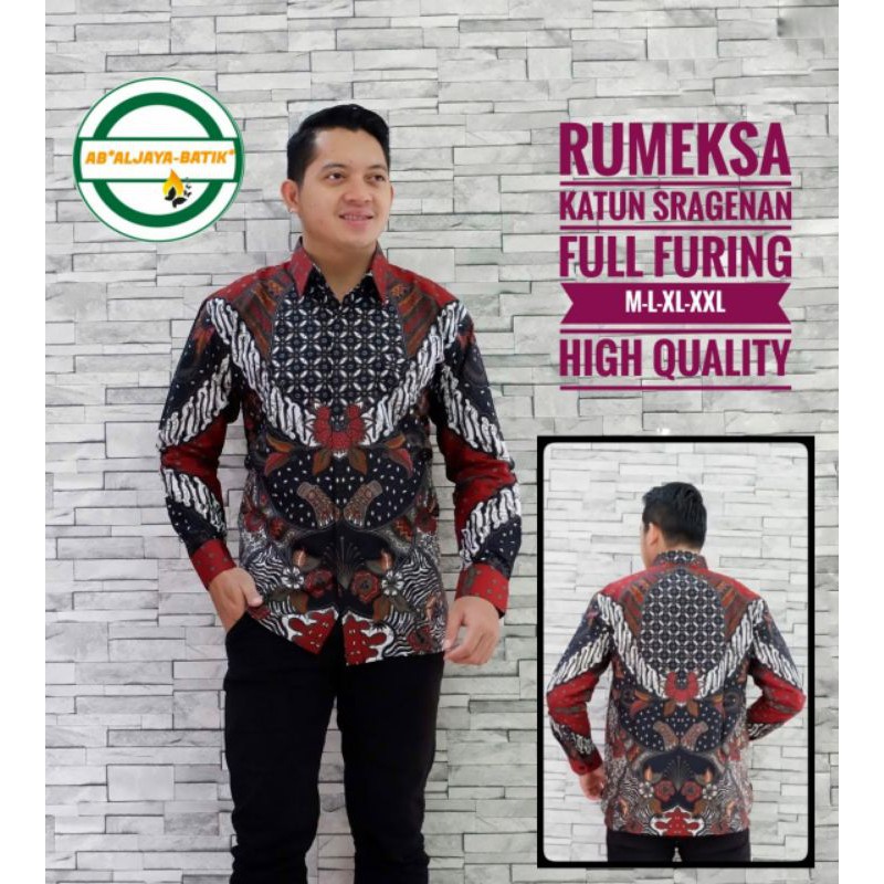 Kemeja Batik Pria Terbaru Baju Batik Eksklusif Warna Merah Hitam Batik Lengan Panjang/Pendek RUMEKSA