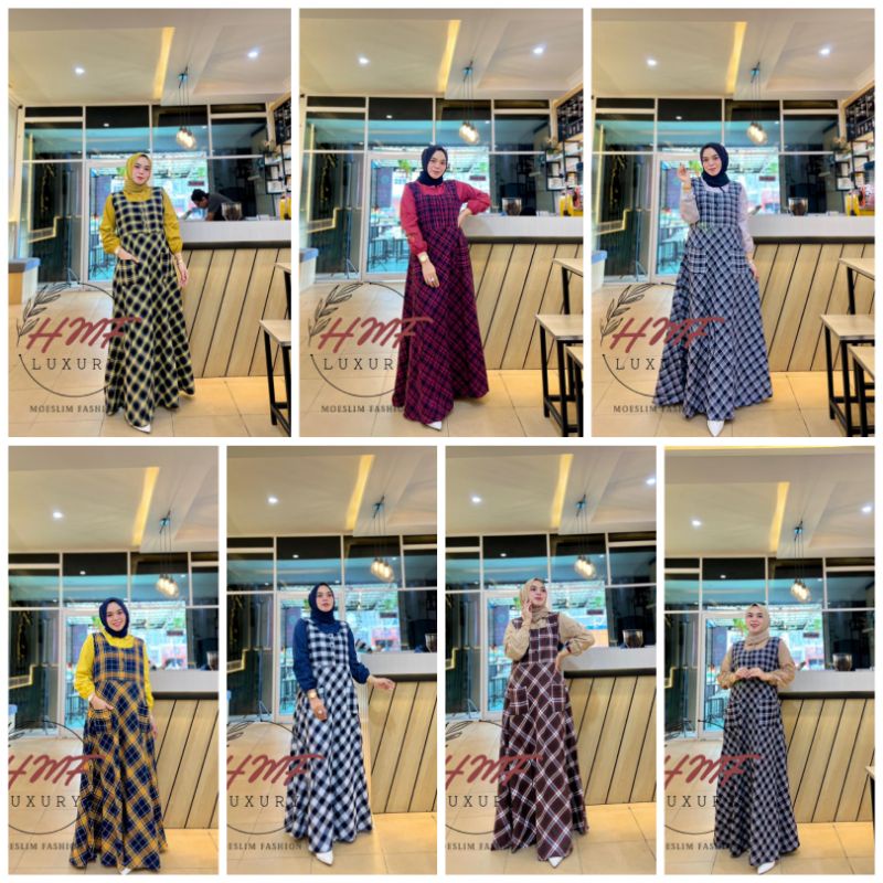 FRISKA DRESS 2 IN 1 ORI BY HMF/ OVERALL KOTAK KOTAK / DRESS MUSLIM OUTER