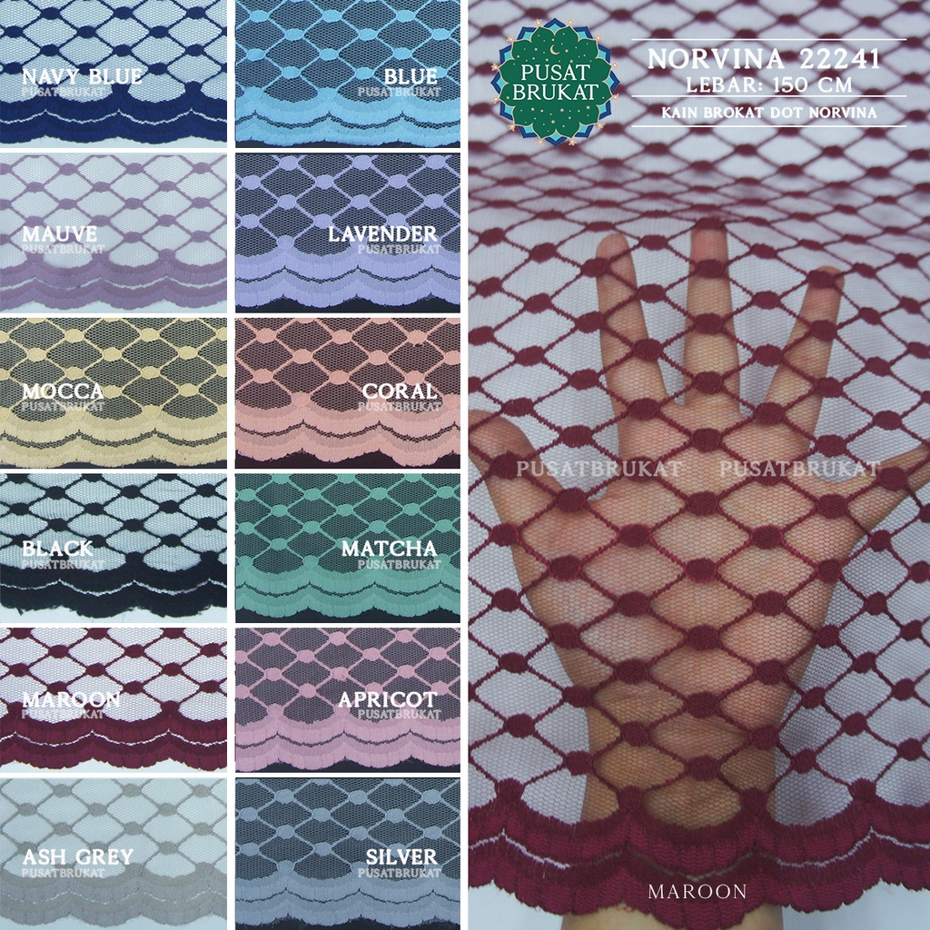 KAIN BROKAT NORVINA 22241 / BRUKAT TULLE MOTIF DIAMOND KOTAK DOT NORVINA, LEBAR 150CM [harga per 0.5]