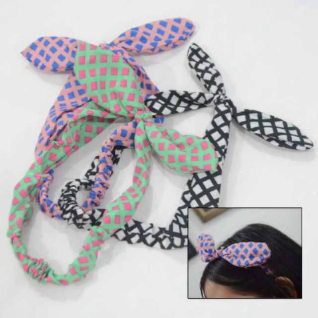 Bandana pita kotak kota bando pita kelinci korea