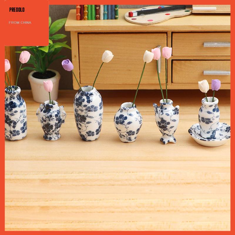 Predolo 7Pcs / Set Miniatur Vas Porselen Biru Putih Aksesoris Rumah Boneka 1 / 12