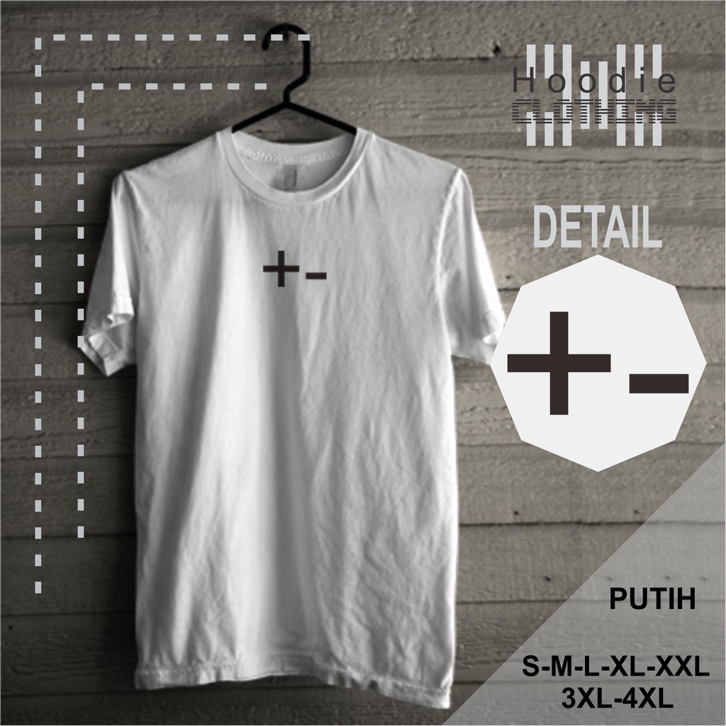 Kaos Pria Distro Baju Cowok Keren Motif Gambar Plus Minus Putih Lengan Pendek Original Murah