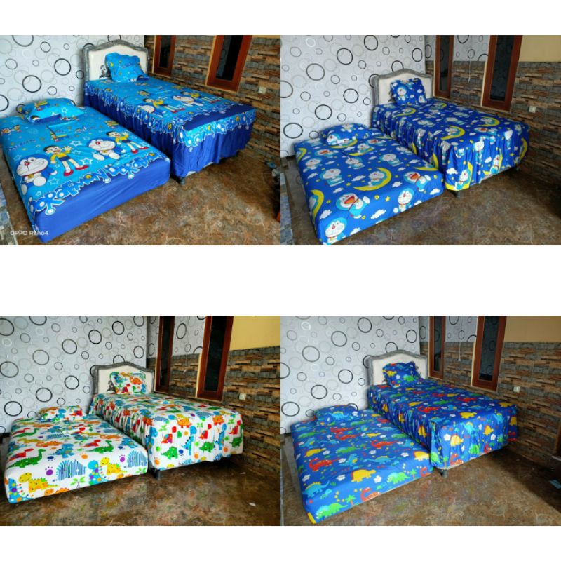 Sprei Bed Sorong Rumbai Homemade Aesthetic Karakter Anak Doraemon / Dino / Dinosaurus White 120x200