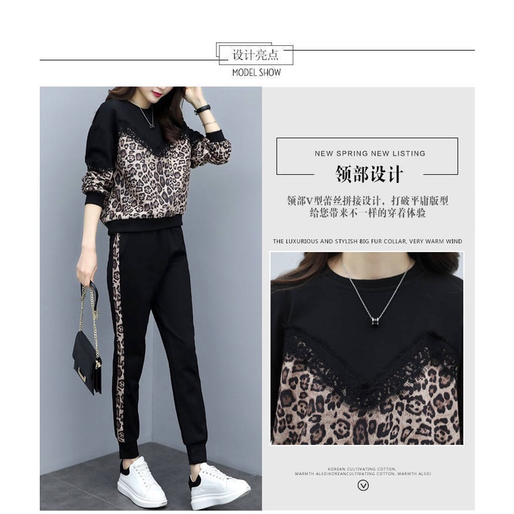 Unique Setelan Wanita Leopard Bunga Print Blus T-Shirt Renda Lengan Panjang + Celana Panjang 2Pcs Set Wear