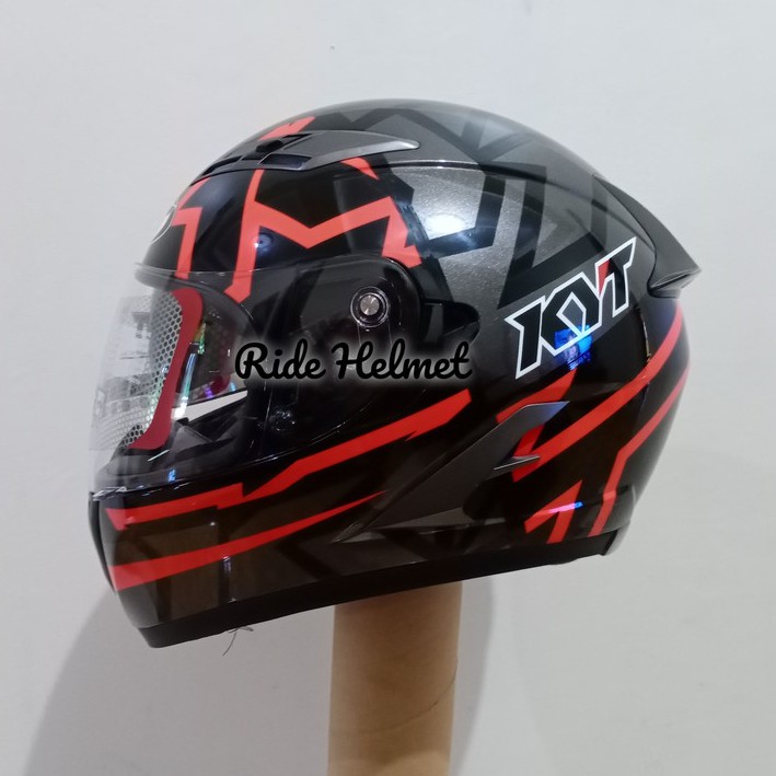 Helm Full Face KYT Falcon 2 Faster Black Red Fluo Double Visor New Original