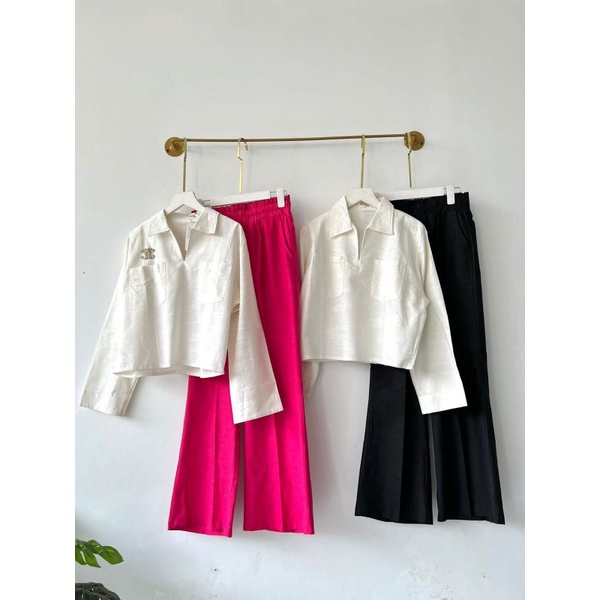 Setelan Crop Terhitz atasan crop celana Linen