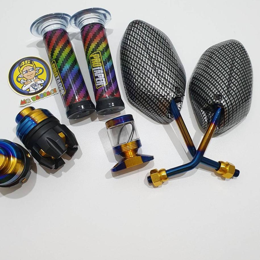 Terjangkau - Paket 4 Variasi Thailand - Kaca Spion Model Beat Karbon Twotone + Grip Pelangi + Stempe