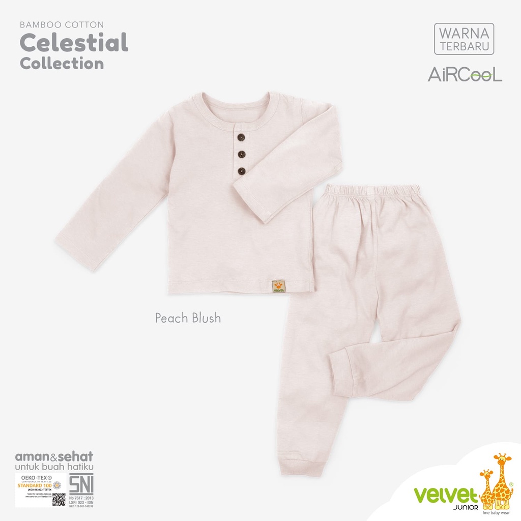 Velvet Junior AIRCOOL Piyama Anak Laki Laki Perempuan Setelan Baju Panjang Celana Panjang Kancing Dada Polos Warna LXL2345