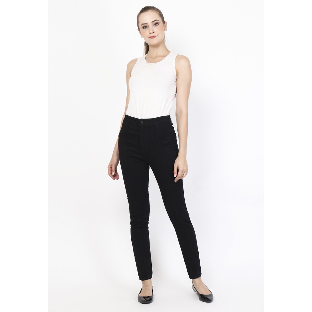 Dazina Plain Front Line Highwaist Jeans Tulang- Celana Hitam HW