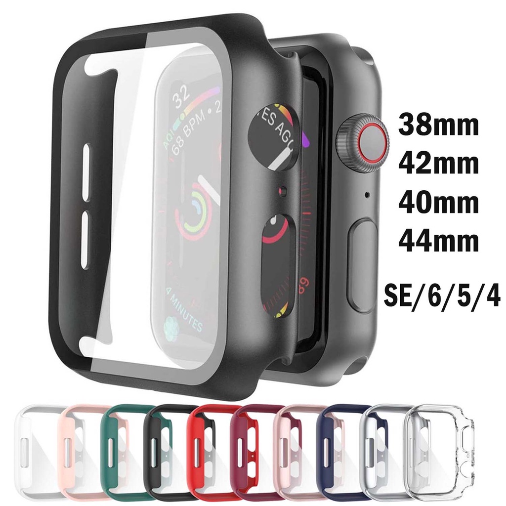 Full Coverage Hard PC Case 44mm 42mm 40mm 38mm Dengan HD Bening Tempered Glass Pelindung Layar Untuk iWatch