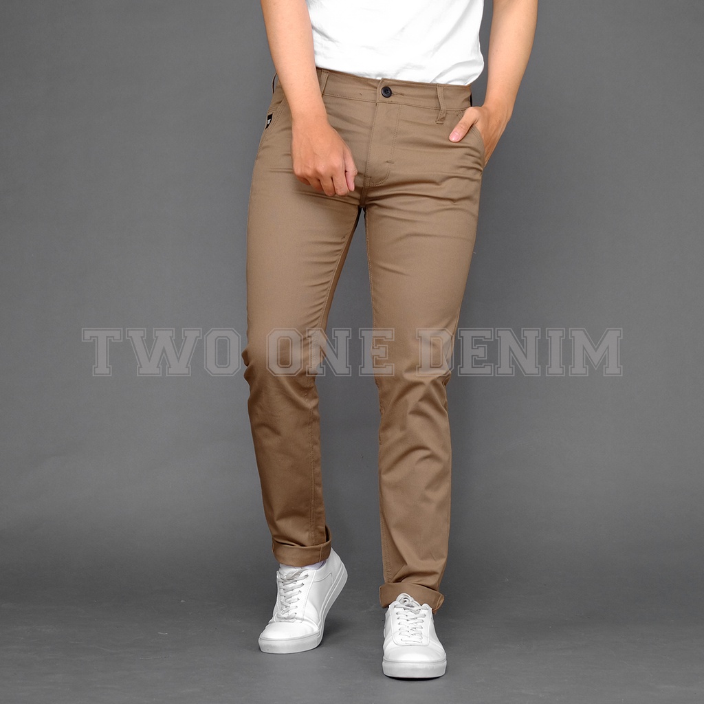 TWO ONE Celana Chino Pria Panjang Slim Fit - Chino Panjang Pria Dewasa Mocca