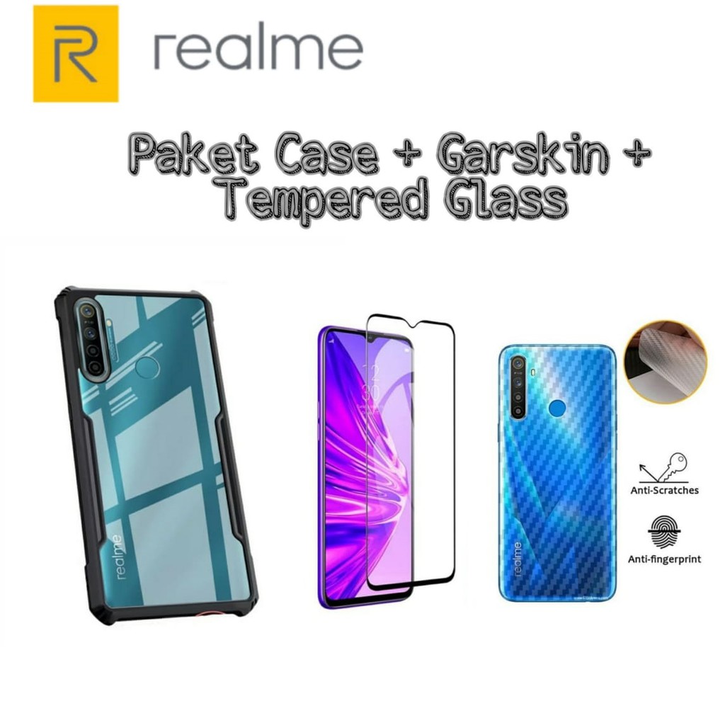 PROMO Paket 3 in1 Case Realme 5 / 5i / 5s / 5 PRO HardCase Fusion + Tempered Glass Layar + Garskin