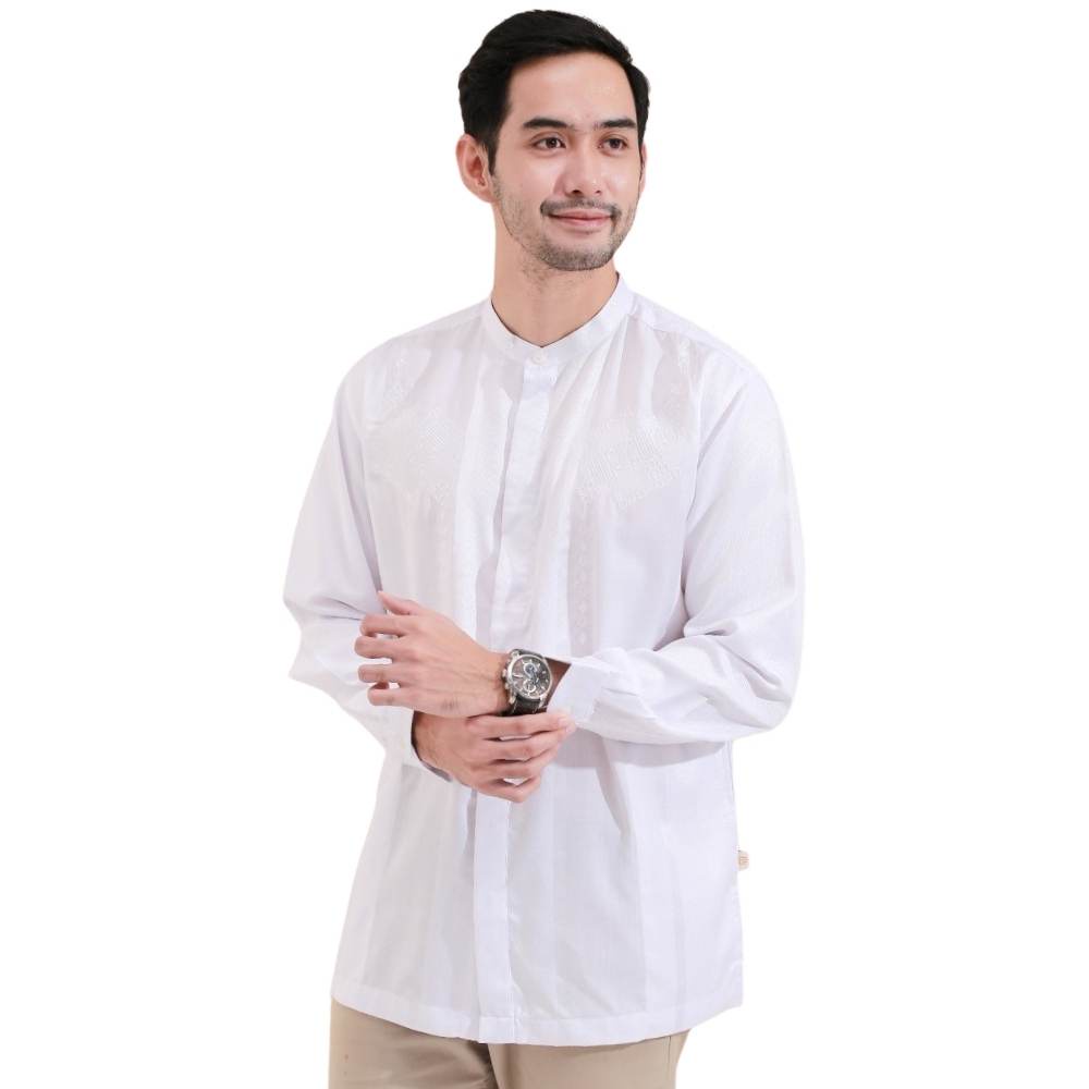 Baju Koko Putih AFFAN Muslimadani Kemko Bordir Dewasa Lengan Panjang Kemeja Koko Putih Pakaian Musli