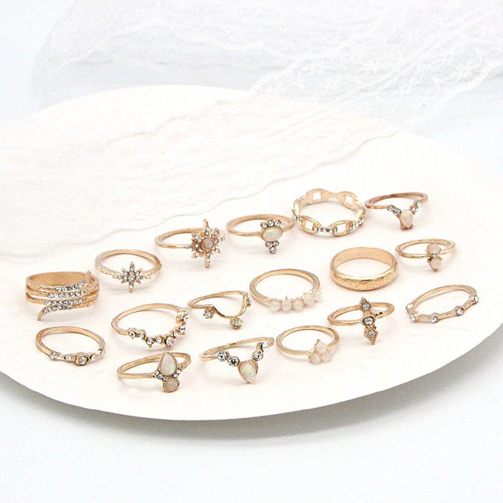 Lily 17pcs/Set Cincin Set Perhiasan Pernikahan Mutiara Wanita Gadis Bohemian