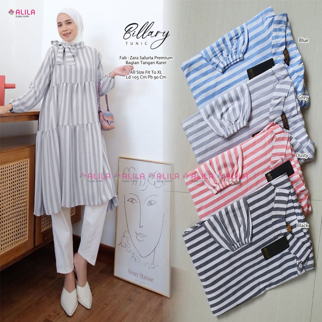 ATASAN TUNIK CASUAL MOTIF GARIS SALUR || BILLARY TUNIK WANITA BY ALILA || BAHAN ZZARA SALURIA HQ