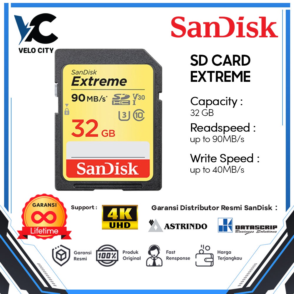 SD Card SanDisk Extreme 32GB SDHC UHS-I 4K U3 up to 90Mbps Original