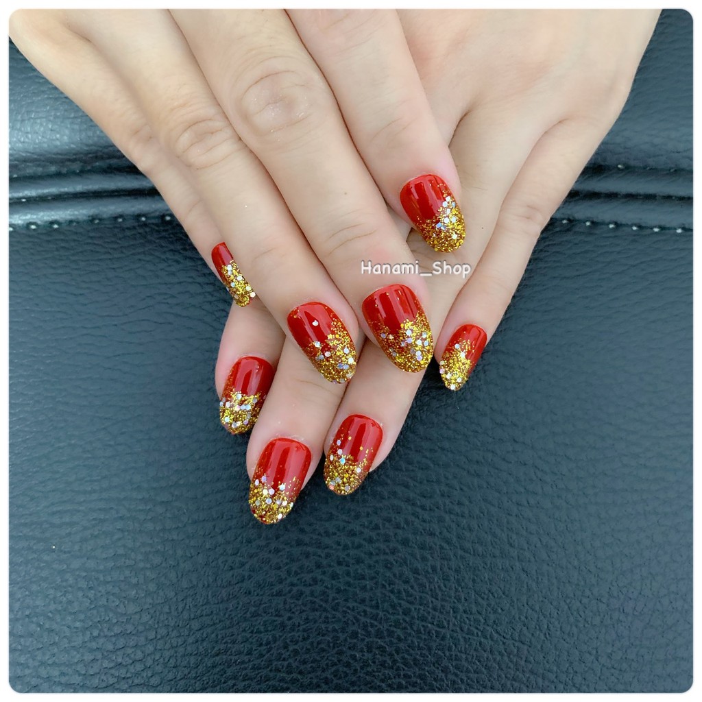 KUKU PALSU NAILART FAKE NAIL red merah gold emas glitter maroon marun