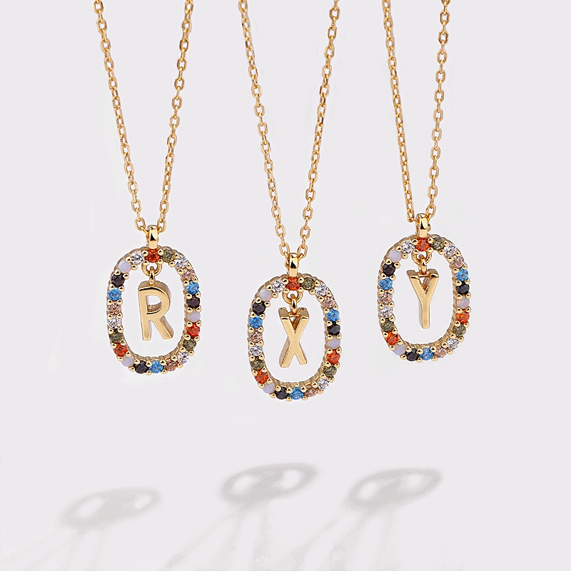 2022 Kalung Rantai Dengan Liontin Huruf Alfabet A-Z Bahan Cubic Zirconia Warna-Warni Untuk Wanita