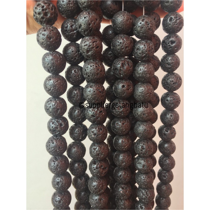 bahan rencengan lava stone kalung gelang 14mm larva merapi akik hitam supplier gelang kalung online