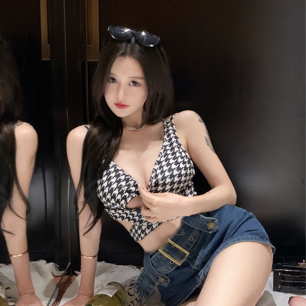 Suhao Xia memakai seksi berongga halter neck halter houndstooth kamisol wanita murni nafsu manis gadis hot tube top short top