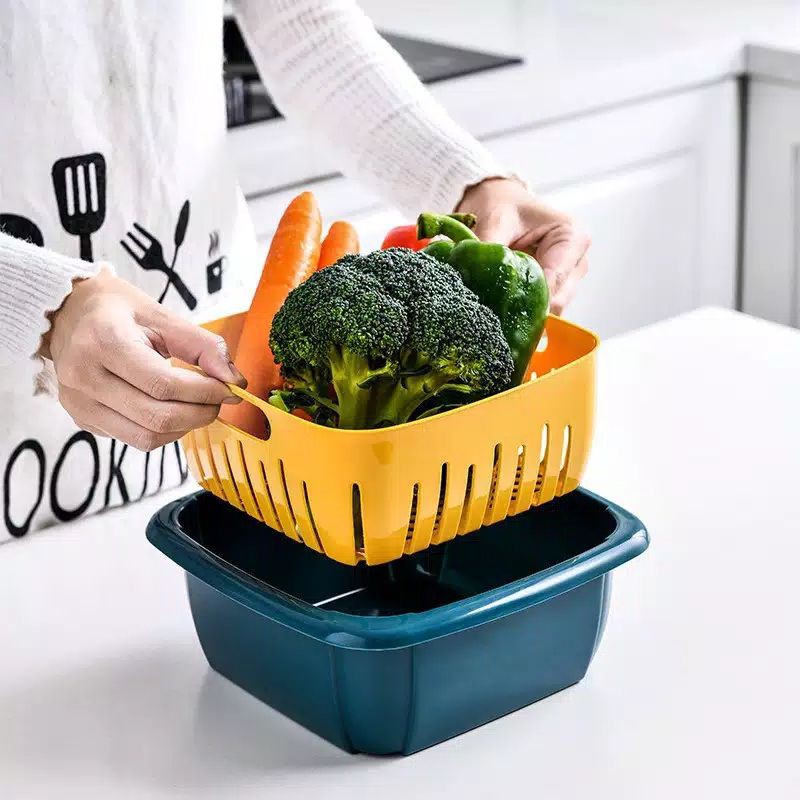 Baskom Wadah Tempat Cuci Sayur Buah Saringan Tirisan Kotak Plastik