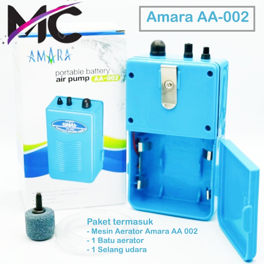 Aerator Aquarium 1 Lubang Pompa Gelembung Udara Oksigen Hidroponik Amara AA 002 Paket Lengkap Portabel Portable Baterai Battery Airator Pump Batre Praktis Mudah Dibawa Aksesoris Ikan Murah