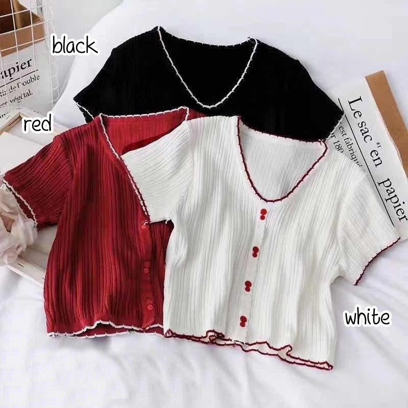 [baju wanita korea]  Baju Atasan Rajut Wanita Lengan Pendek Knit Blouse Korea Import Hitam