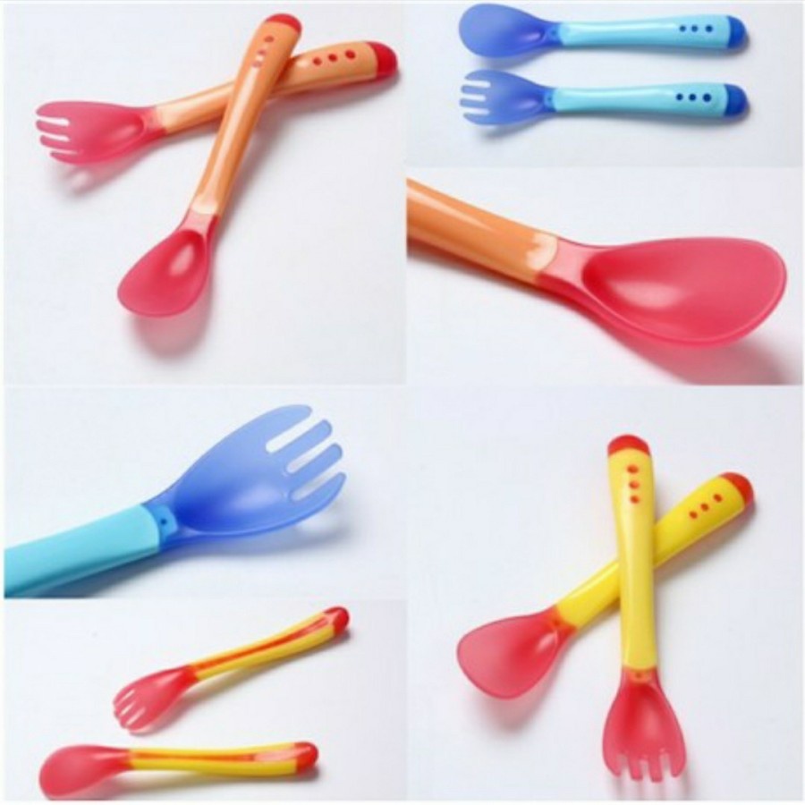 Sendok Garpu Sensor Suhu Bayi Silicon Lembut Flexible  - White_Cell