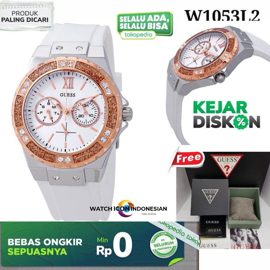 Mega Sale Jam Tangan Wanita Merk Guess 100% Original Fullset Type W1053L2 Putih Garansi 1th