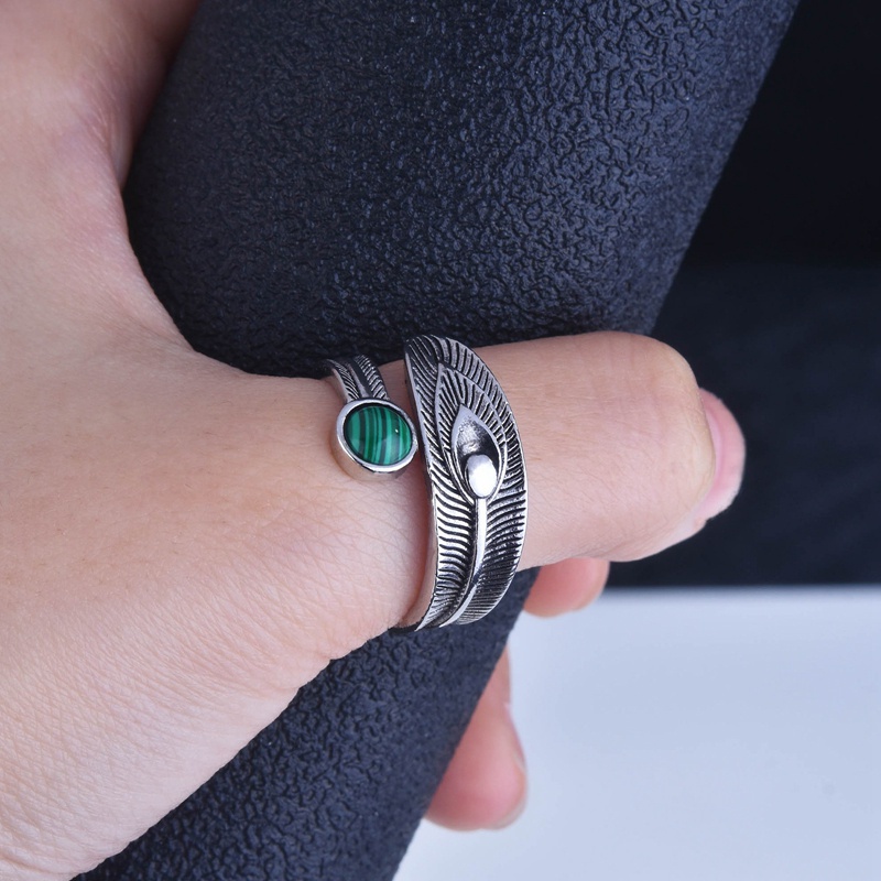 Fancyqube Cincin Model Terbuka Desain Bulu Batu Malachite Warna Hijau Gaya Boho Vintage Untuk Wanita