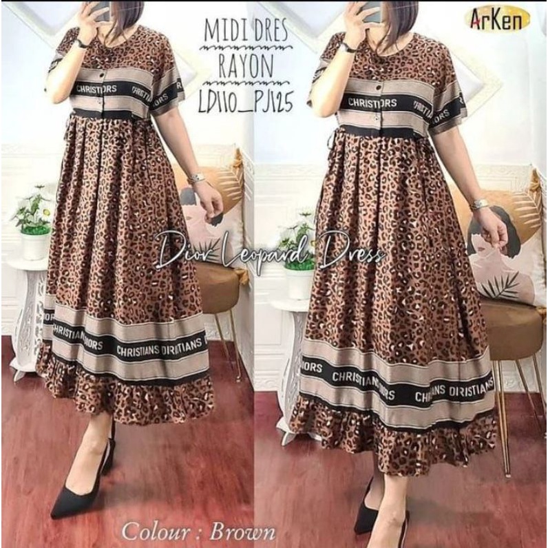 DIORS LEOPARD MIDI DRESS DASTER DRES RESLETING BUSUI KLOK PREMIUM KOREA BLOSSOM RAYON WANITA TALI