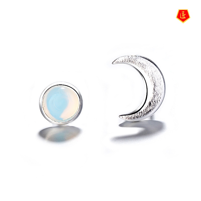 [Ready Stock]Asymmetric Moonstone Sun and Moon Stud Earrings