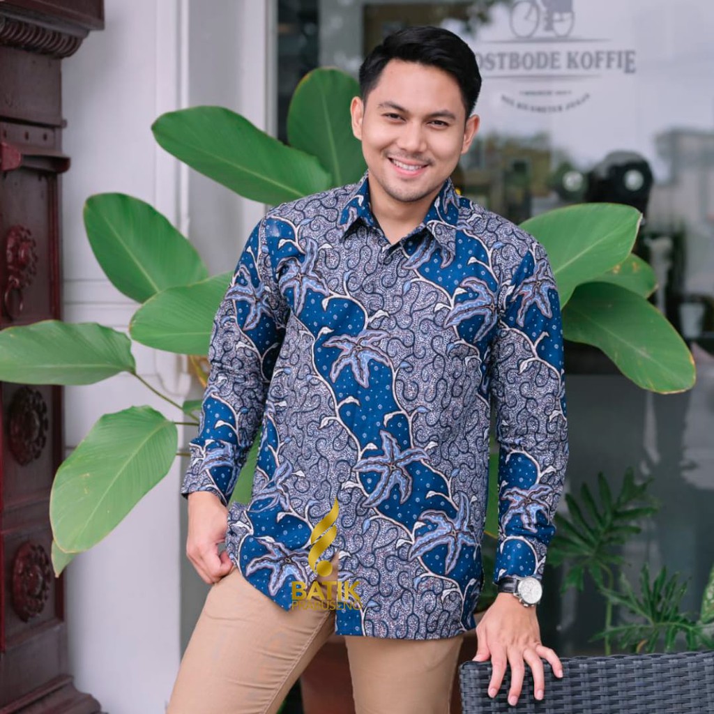 BINTANG LAUT BIRU KEMEJA BATIK PRIA LENGAN PANJANG PREMIUM JUMBO FURING BAJU SERAGAM KANTOR MODERN