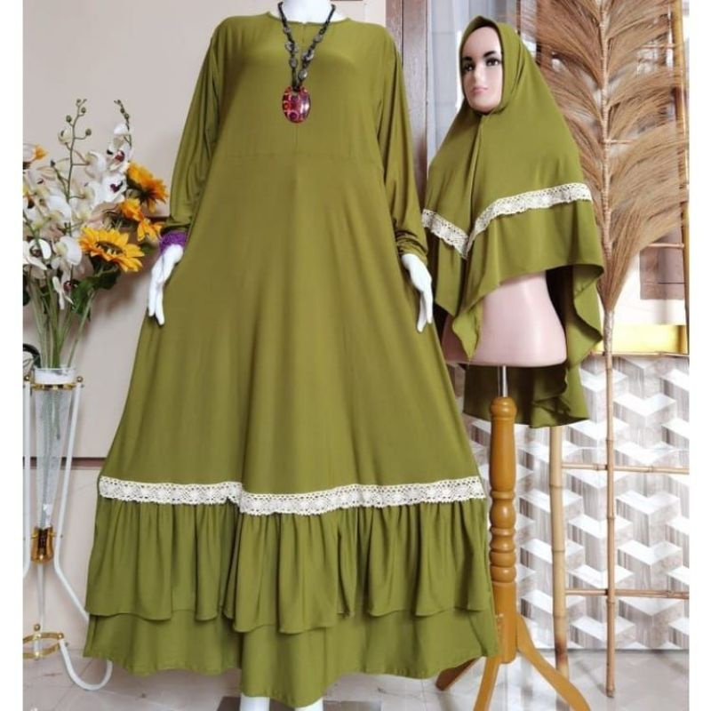 Gamis Set Hijab Wanita Dewasa Jersey Renda Busui Jumbo LD 120