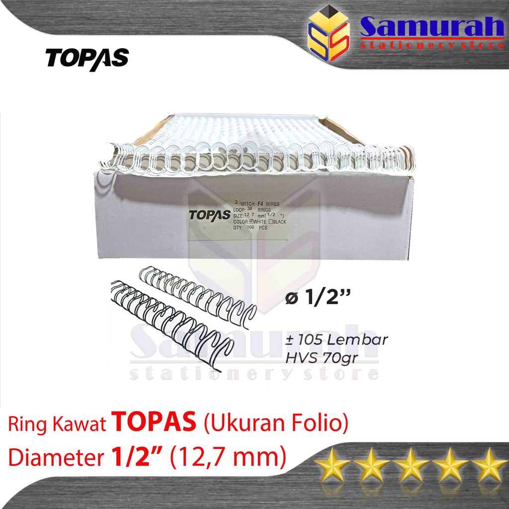 

Ring Binder Kawat Topas Ukuran Folio 1/2" Diameter 12,7 mm / 38 Wire Ring Binding 3 : 1 isi 100 Batang / 38 Lubang