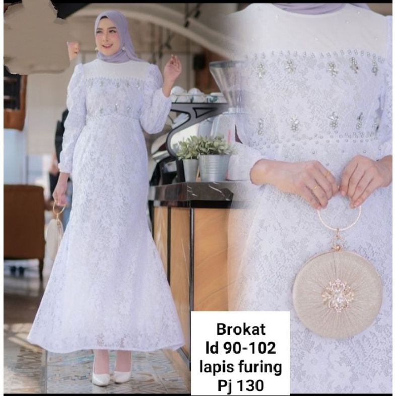 Gamis gapes brokat mutiara payet mix lace lapis furing s m l pinggang belakang duyung