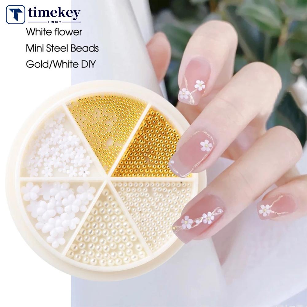 Timekey 6 Sekat / Kotak Bola Mutiara Putih Campur Untuk Dekorasi Nail Art DIY it A9K4