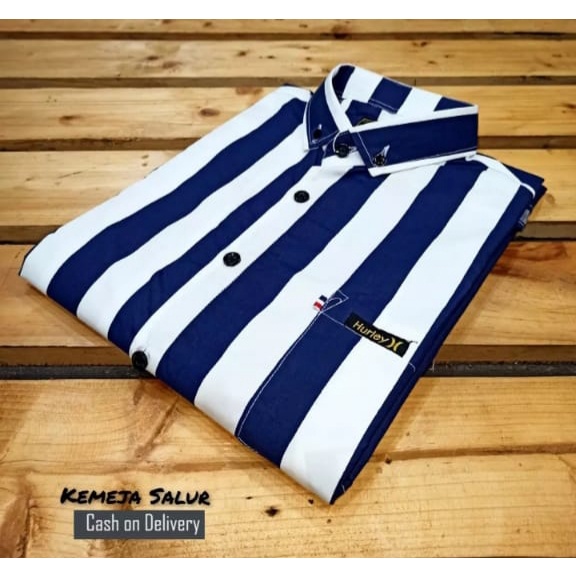 PROMO - kemeja Oxford salur pria lengan pendek/kemeja pria putih garis hitam casual premium