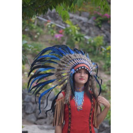 TOPI INDIAN-INDIAN HEADDRESS SMALL AYAM BILABONG BIRU FUR COKLAT