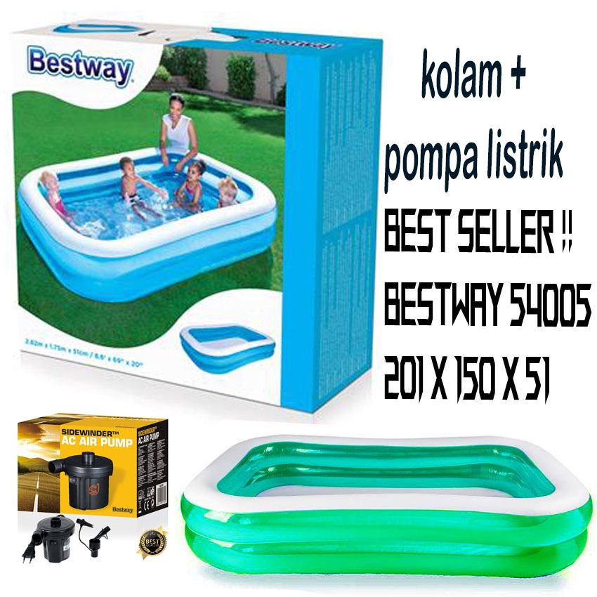 BIG SIZE Bestway Kolam Renang Anak dan Keluarga Biru Rectangle 54005 + Pompa Angin + Lem Swiming pool kolam renang anak jumbo hadiah anak hadiah ultah anak kado anak kolam renang anak murah