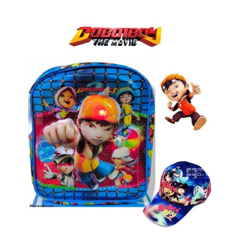 tas anak boboiboy 4 dimensi bisa menyala+topi printing boboiboy