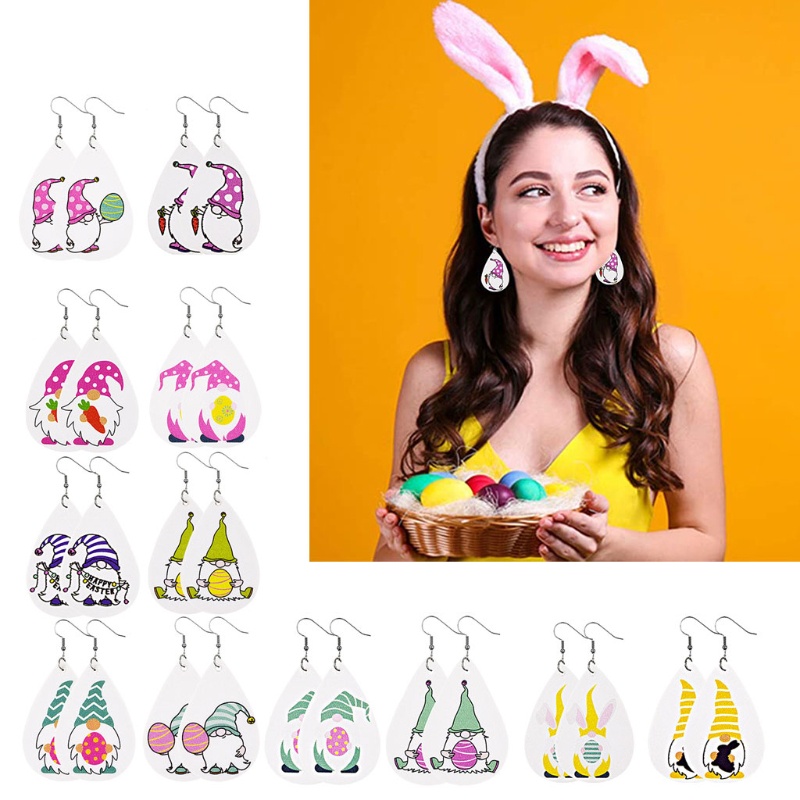 SIY  12 Pairs Gnome Easter Faux Leather Earrings Gnome Teardrop Dangle Earring Rabbit Easter Egg Dangle Print Gnome Earrings