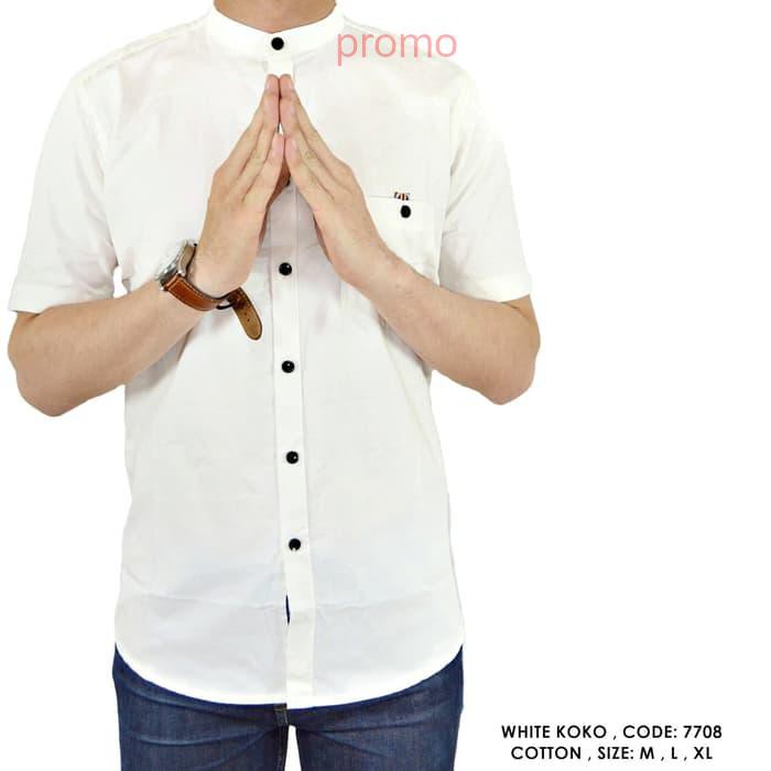 BAJU KEMEJA KOKO POLOS POLOSAN PUTIH COWOK PRIA - Putih- M