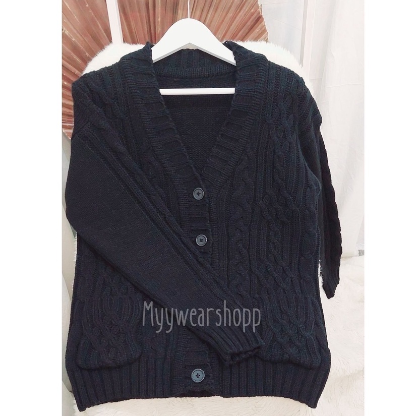 CABLE CARDY kardigan rajut kepang jumbo wanita panjang cardigan kancing oversize tebal terbaru impor-HITAM