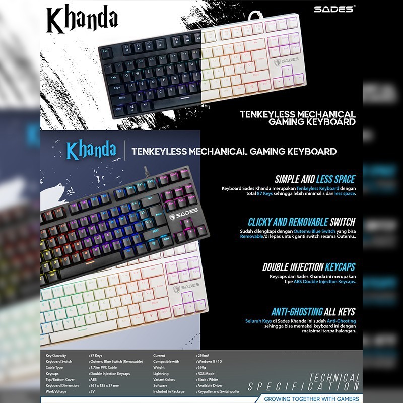 Keyboard Gaming Mechanical TKL Sades Khanda / Removable Switch