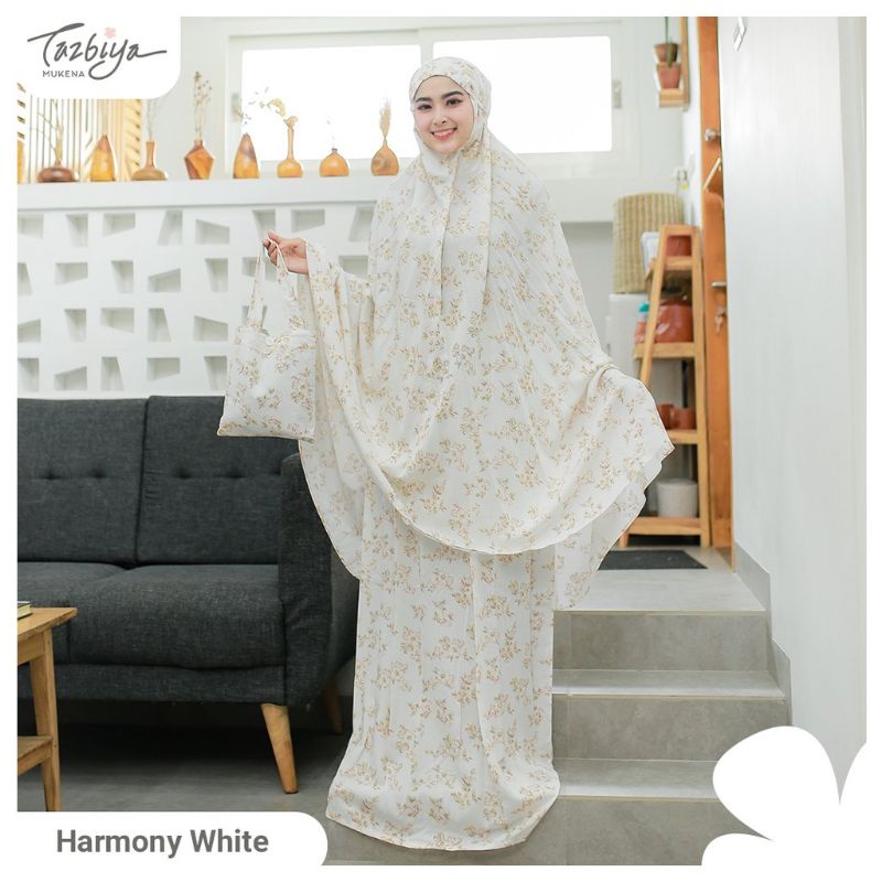 Mukena Tazbiya Harmony White Allsize Jumbo Dewasa Katun Rayon Adem Motif Cantik Treveling