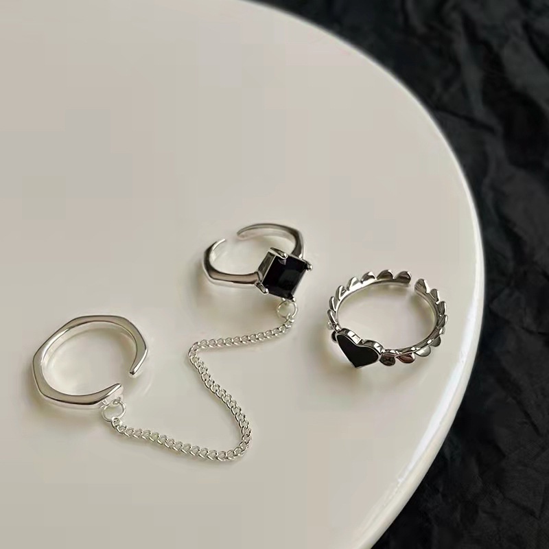 3pcs / Set Cincin Batu Permata Hitam Bentuk Hati Persegi Untuk Wanita